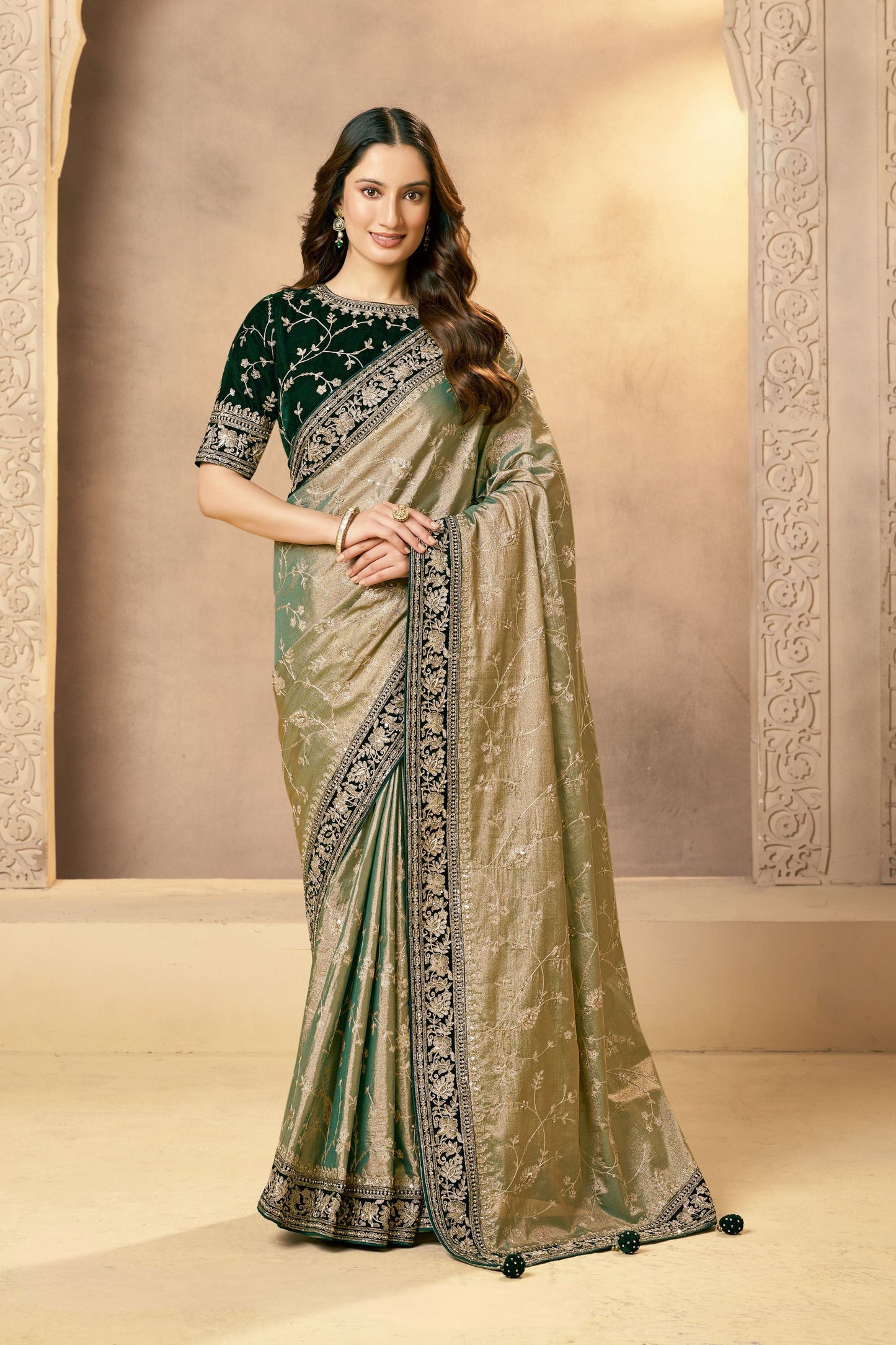 Green Silk Saree with Black Velvet Blouse Intricate Silver Designer Saree