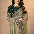 Green Silk Saree with Black Velvet Blouse Intricate Silver Designer Saree