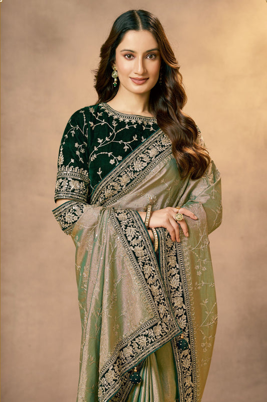 Green Silk Saree with Black Velvet Blouse Intricate Silver Designer Saree