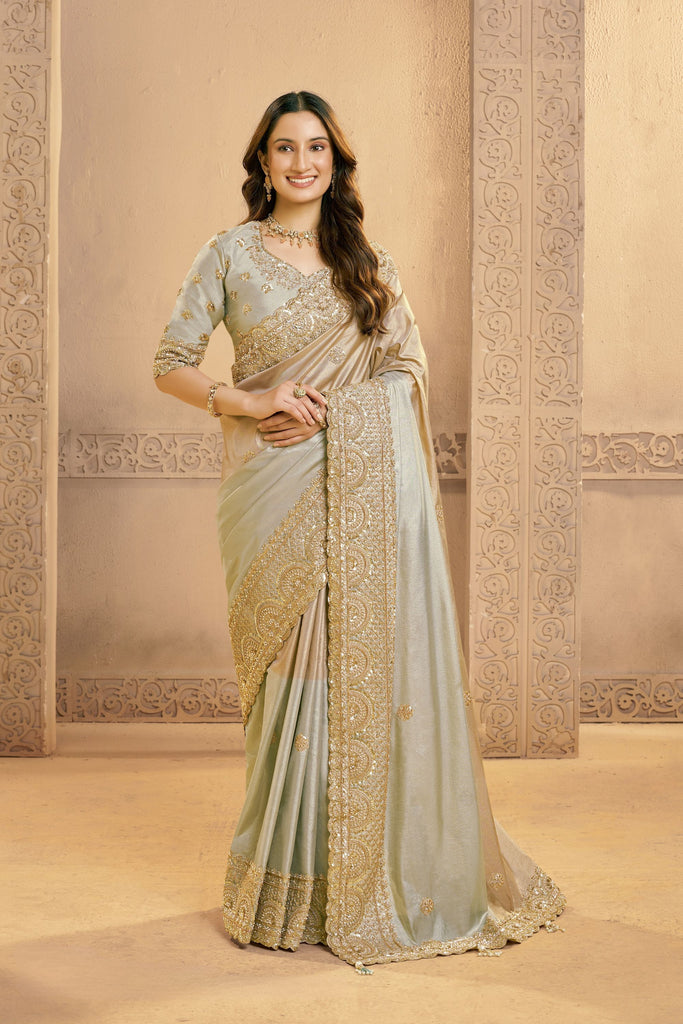  Beige Silk Saree with Golden Embroidery and Designer Blouse