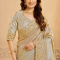 Beige Silk Saree with Golden Embroidery and Designer Blouse
