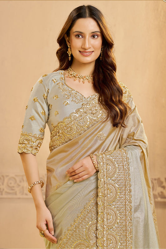 Beige Silk Saree with Golden Embroidery and Designer Blouse