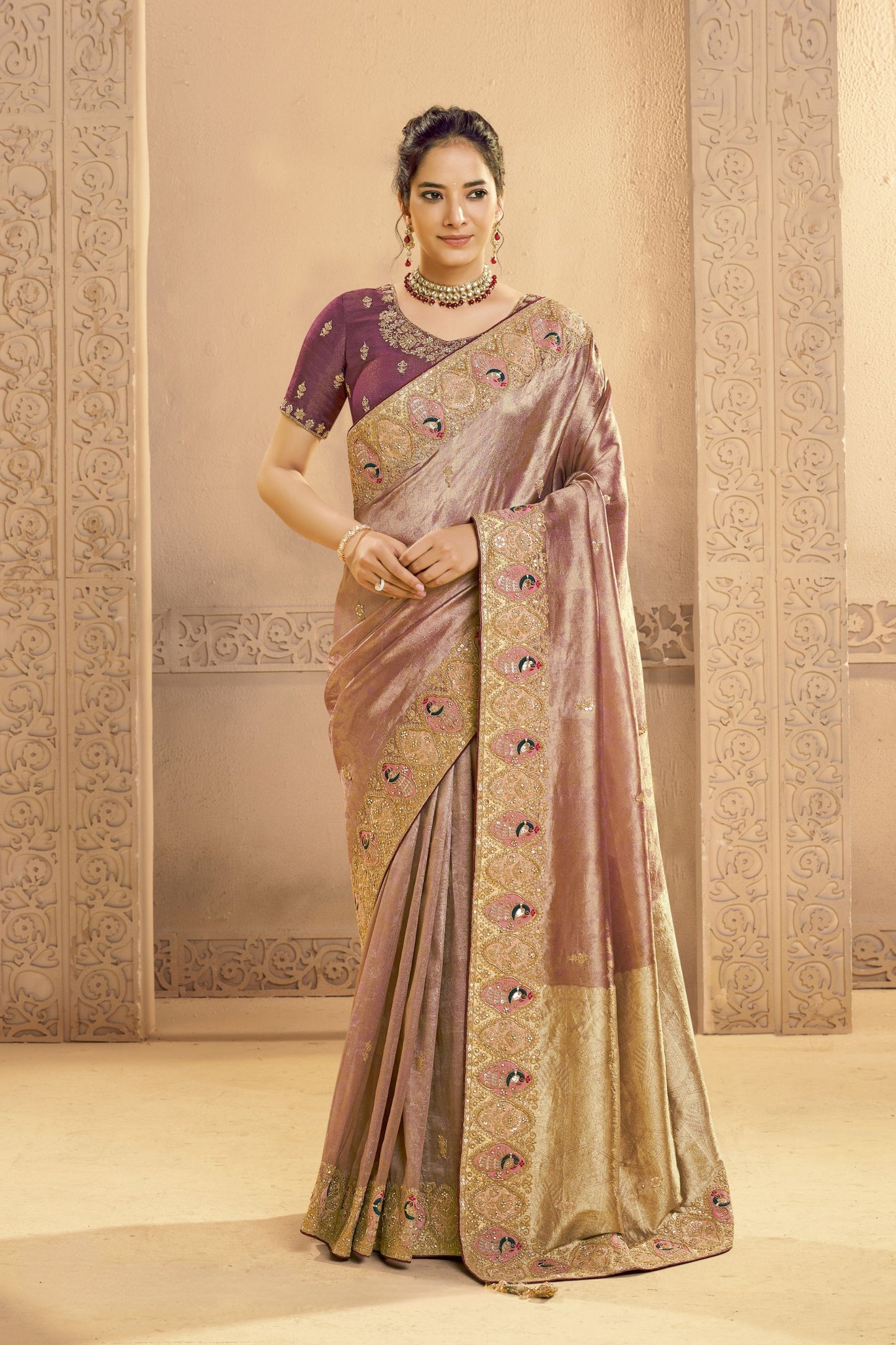  Mauve Silk Saree with Golden Zari Embroidery Designer Blouse