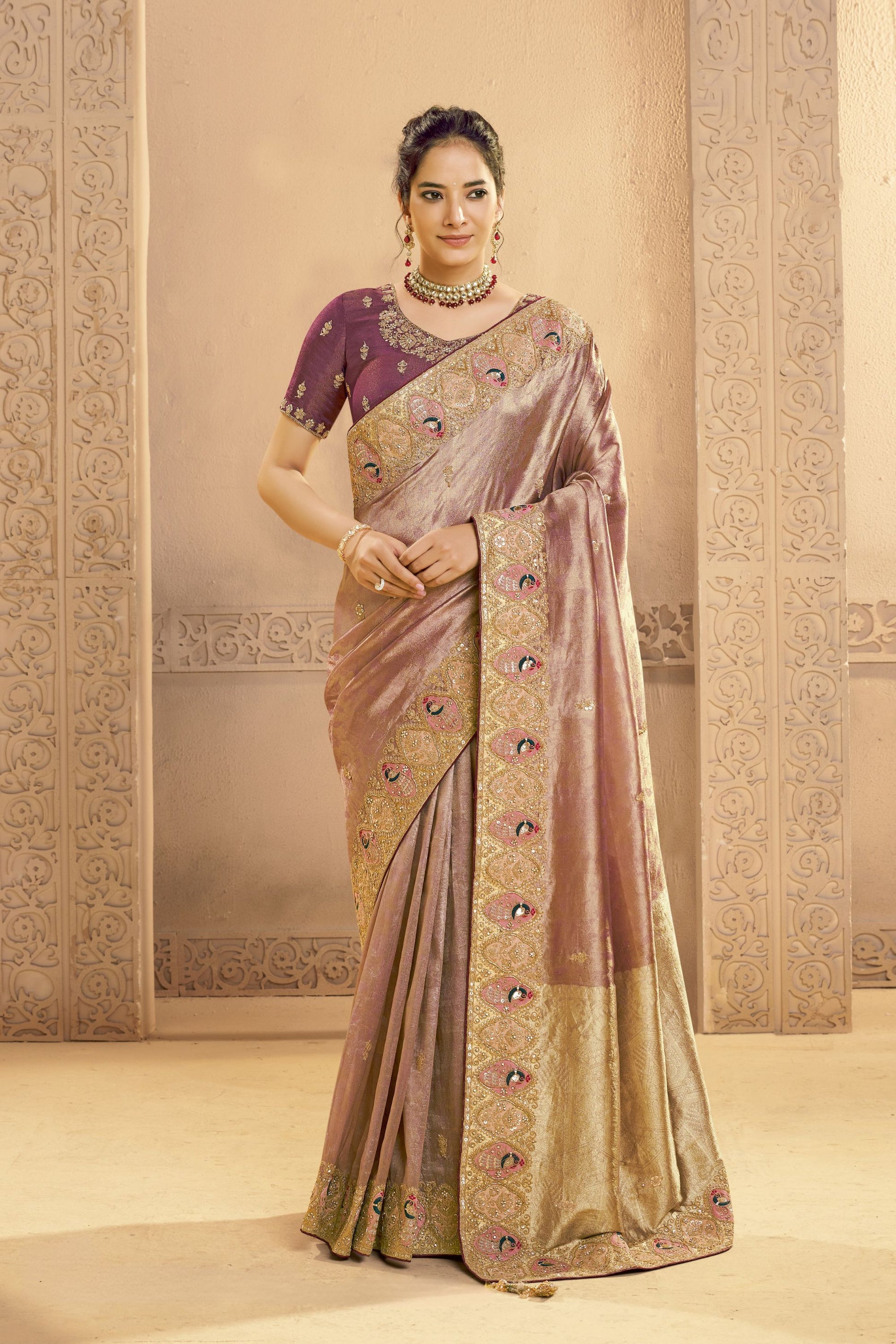  Mauve Silk Saree with Golden Zari Embroidery Designer Blouse