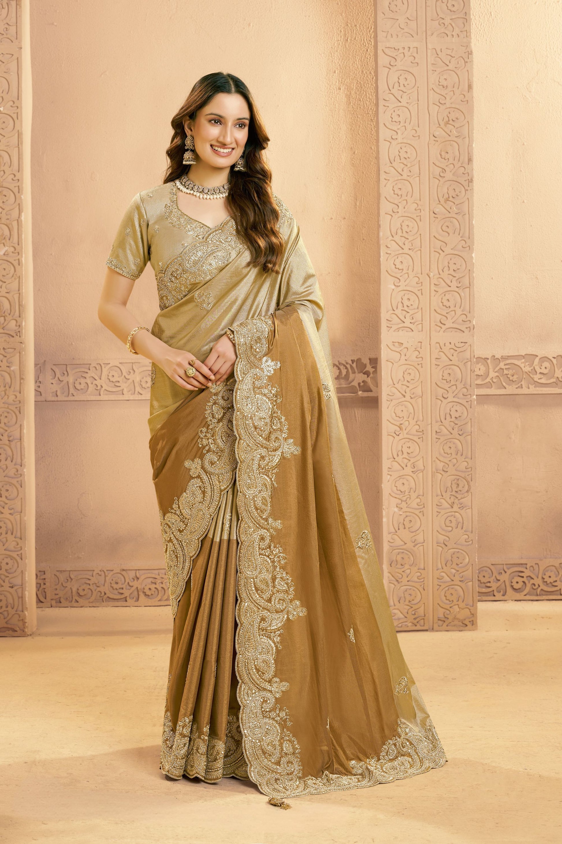 Golden Silk Saree with Heavy Embroidered Border and Designer Blouse