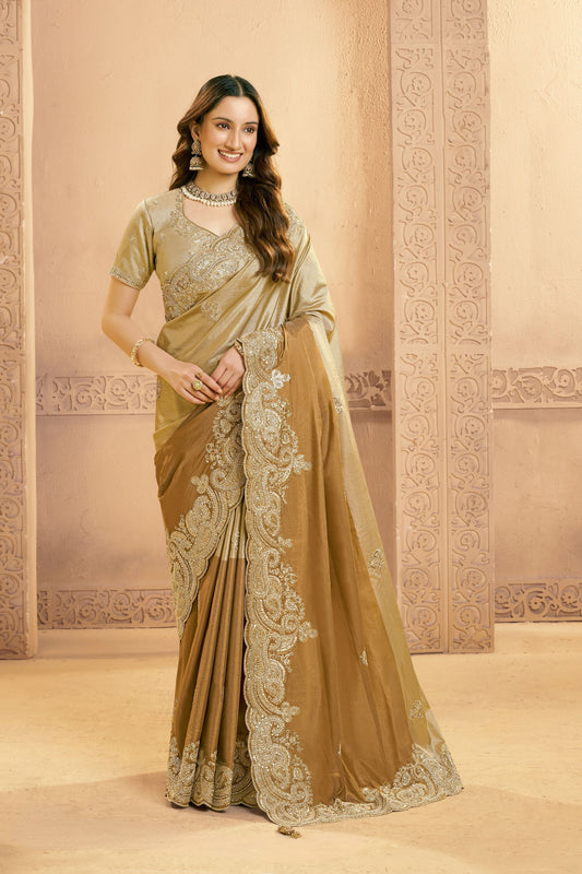 Golden Silk Saree with Heavy Embroidered Border and Designer Blouse