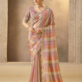  Multicolor Striped Silk Saree with Embroidered Border Designer Blouse 