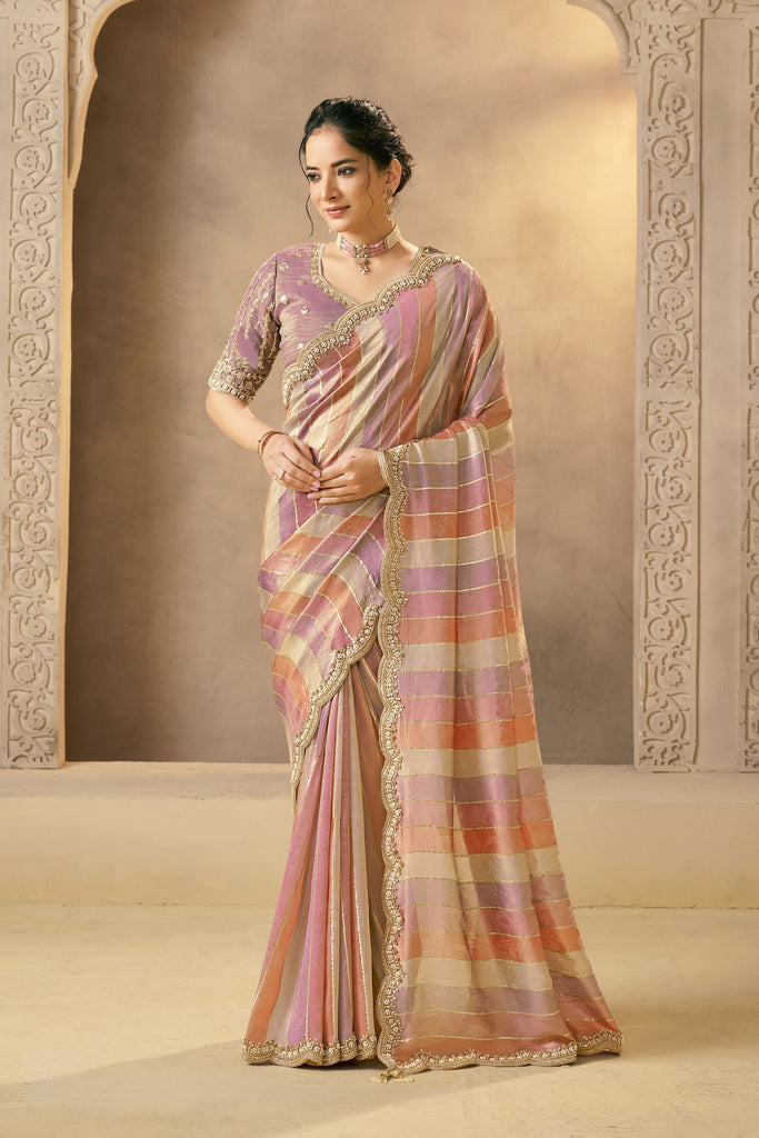  Multicolor Striped Silk Saree with Embroidered Border Designer Blouse 