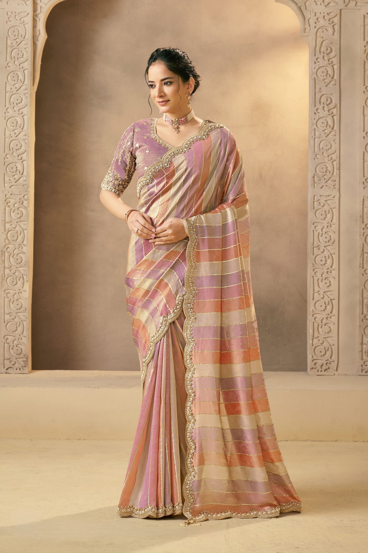  Multicolor Striped Silk Saree with Embroidered Border Designer Blouse 