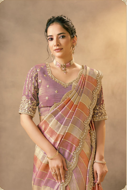 Multicolor Striped Silk Saree with Embroidered Border Designer Blouse