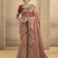 Peach Silk Saree with Golden Zari Embroidery Red Blouse 