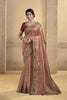 Peach Silk Saree with Golden Zari Embroidery Red Blouse 