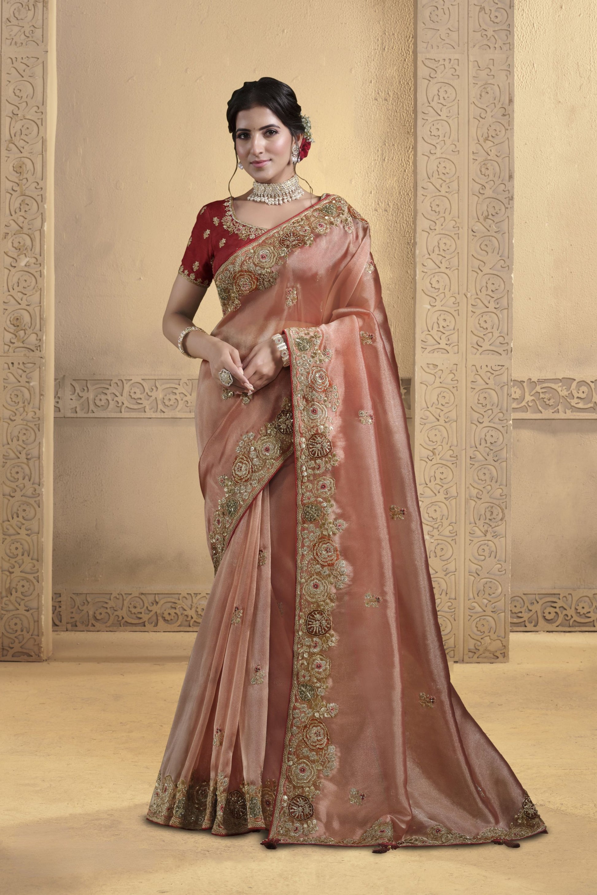 Peach Silk Saree with Golden Zari Embroidery Red Blouse 