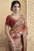 Peach Silk Saree with Golden Zari Embroidery Red Blouse