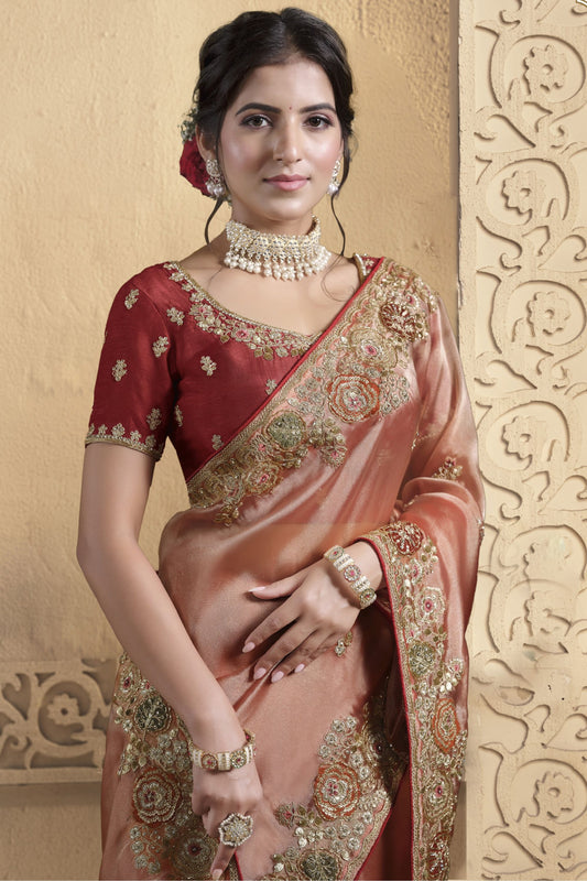 Peach Silk Saree with Golden Zari Embroidery Red Blouse
