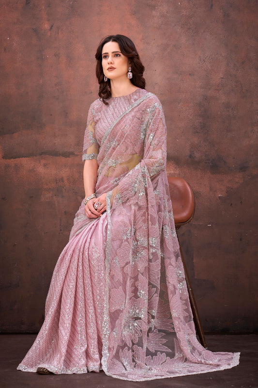 Dusty Pink Heavy Sequin Embroidered Net Saree with Designer Blouse