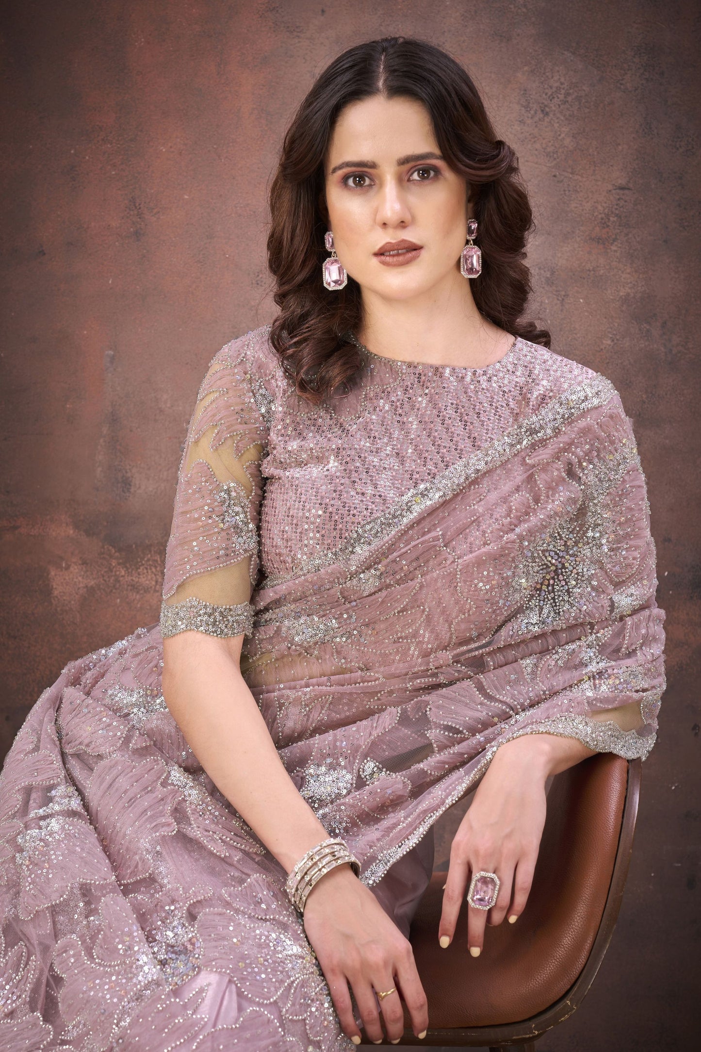 Dusty Pink Heavy Sequin Embroidered Net Saree with Designer Blouse