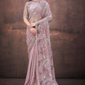 Dusty Pink Heavy Sequin Embroidered Net Saree with Designer Blouse