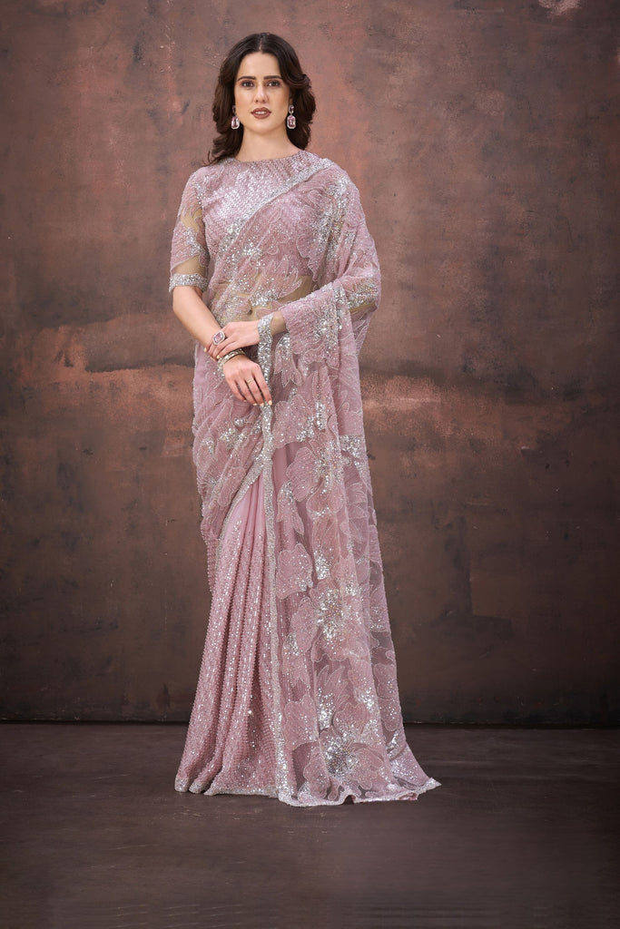 Dusty Pink Heavy Sequin Embroidered Net Saree with Designer Blouse