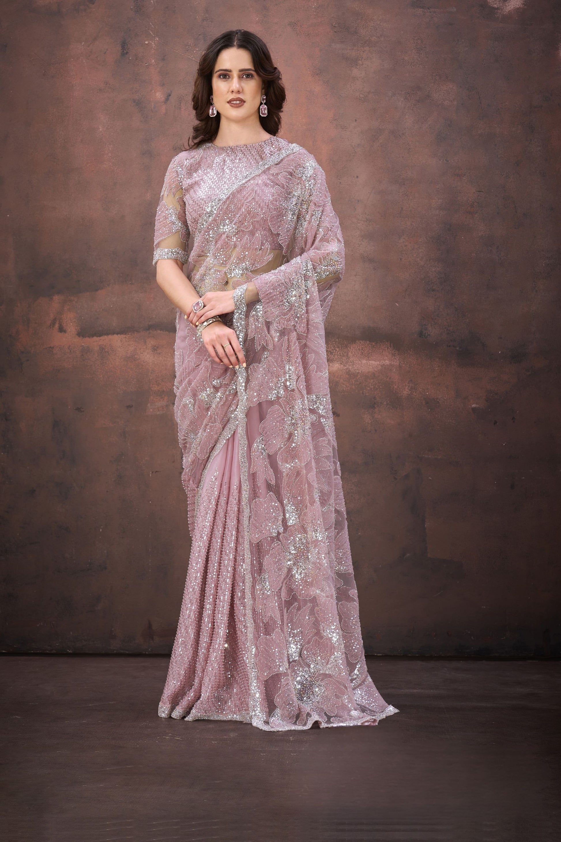 Dusty Pink Heavy Sequin Embroidered Net Saree with Designer Blouse