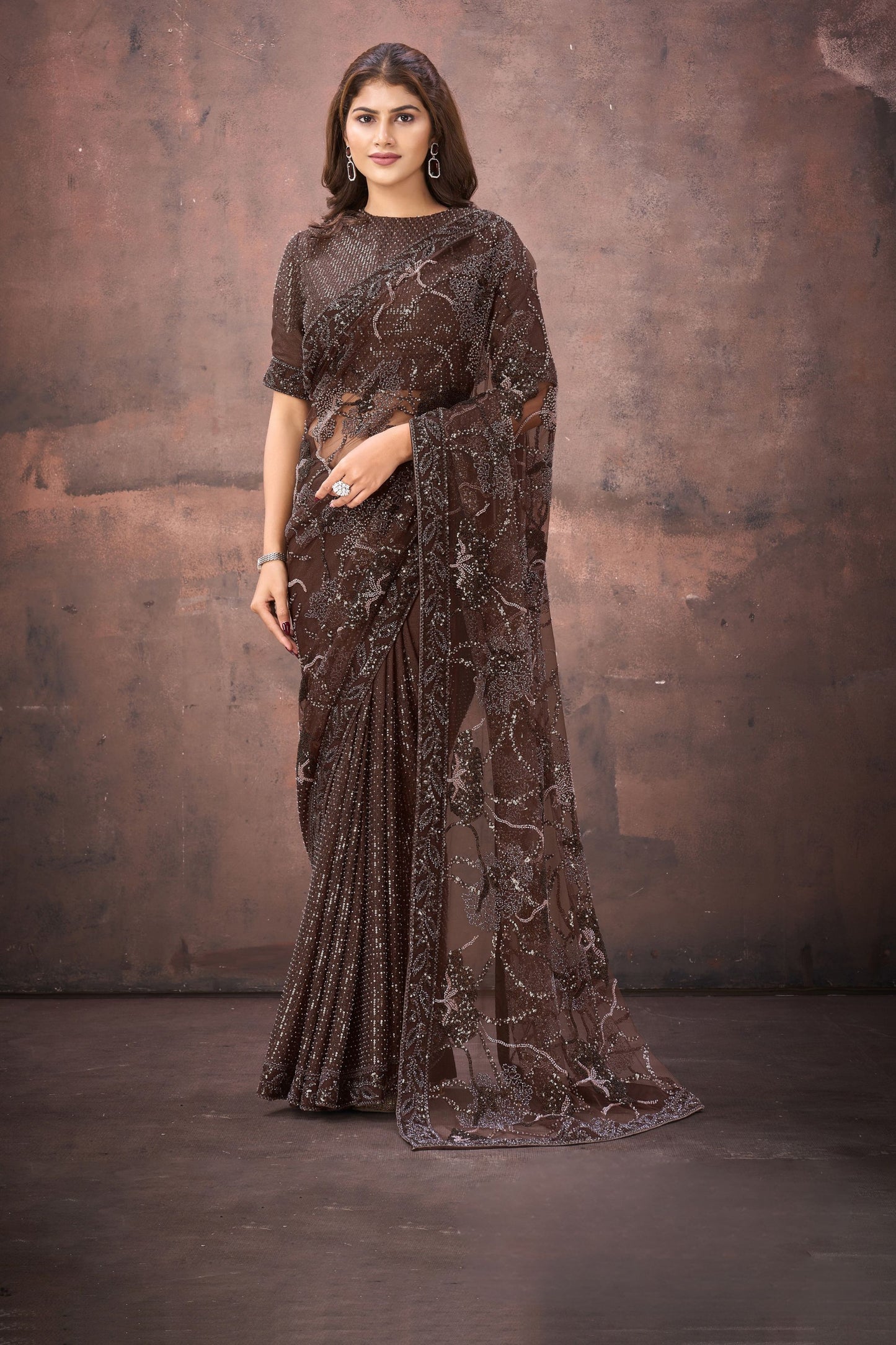 Designer Brown Embroidered  Saree with Heavy Blouse Party Wear Saree