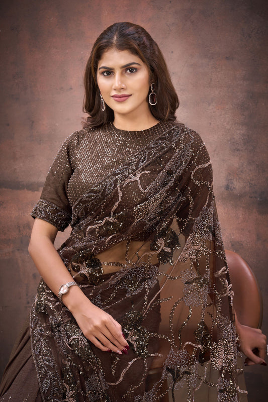 Designer Brown Embroidered  Saree with Heavy Blouse Party Wear Saree