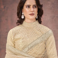Designer Beige Net Saree with Heavy Blouse Party Wear Saree
