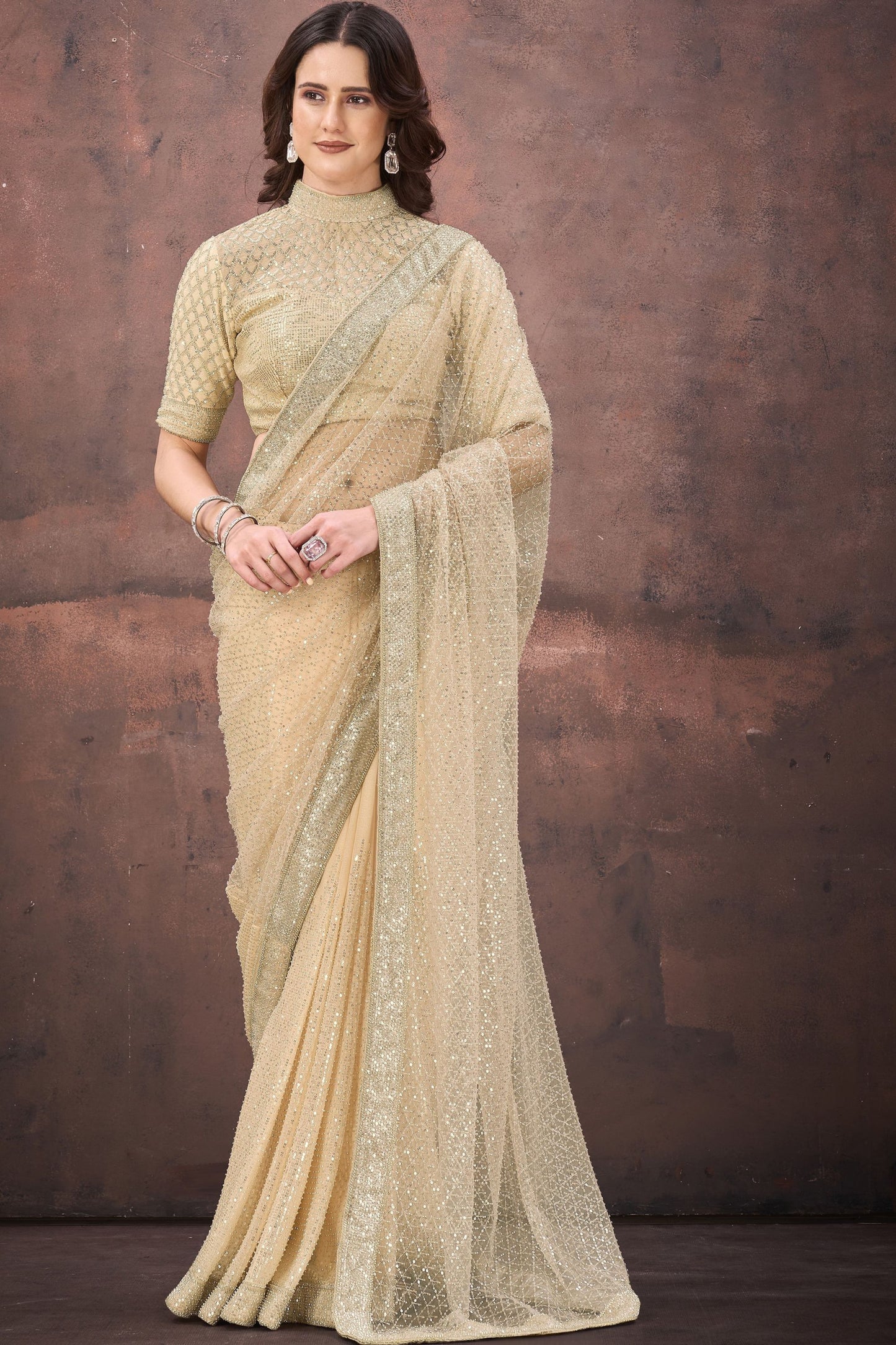 Designer Beige  Net Saree with Heavy Blouse Party Wear Saree
