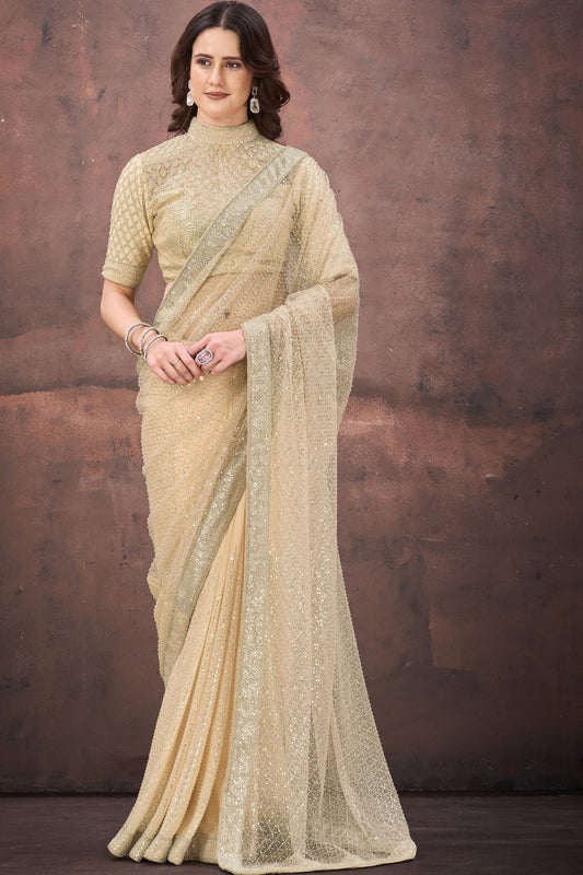 Designer Beige  Net Saree with Heavy Blouse Party Wear Saree