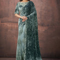 Designer Sage Green Velvet Net Saree with Blouse Party Wear