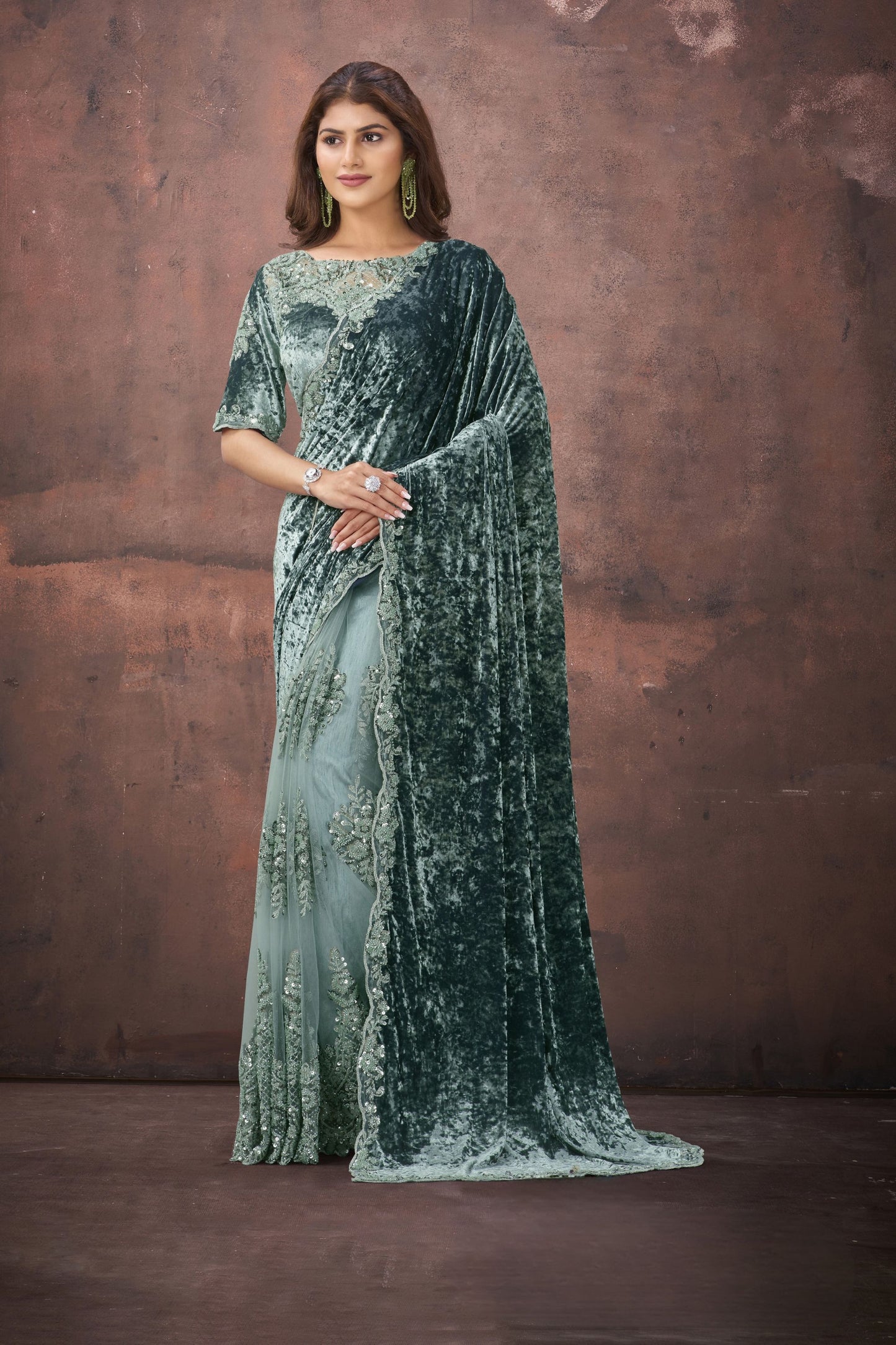 Designer Sage Green Velvet Net Saree with Blouse Party Wear
