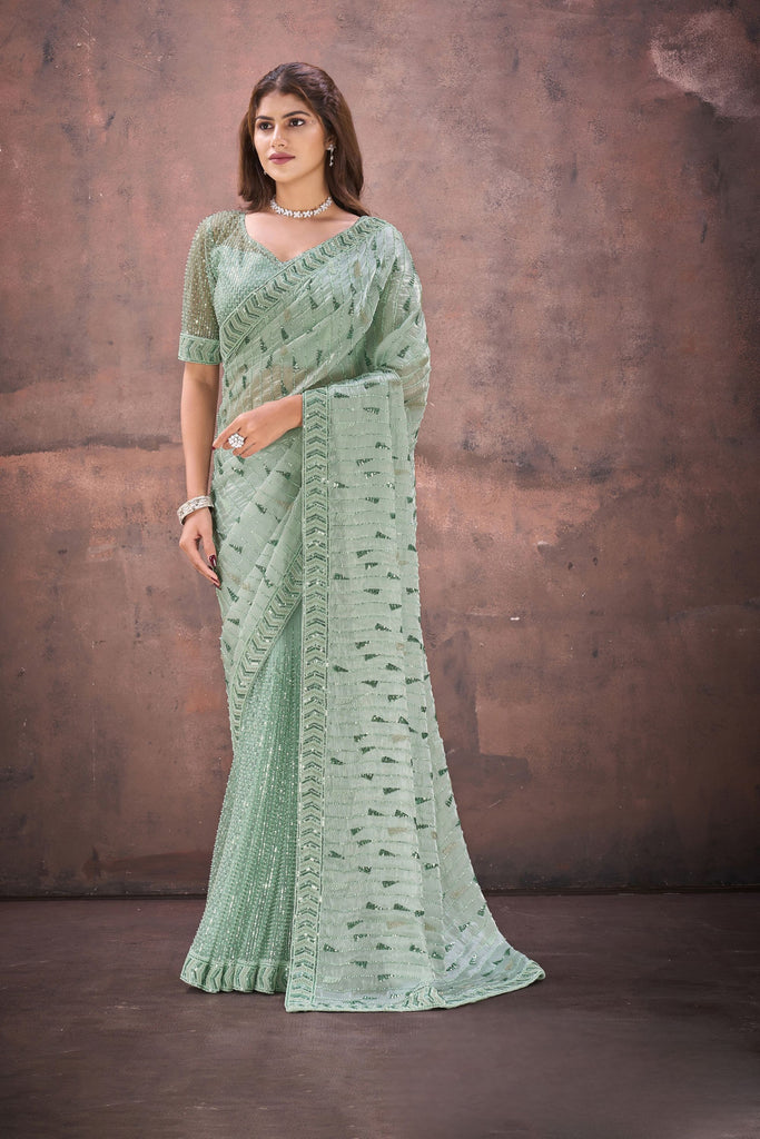 Designer Mint Green Net Saree with Heavy Blouse Party Wear