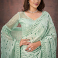Designer Mint Green Net Saree with Heavy Blouse Party Wear