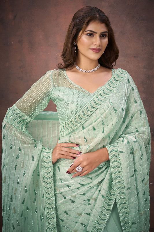 Designer Mint Green Net Saree with Heavy Blouse Party Wear