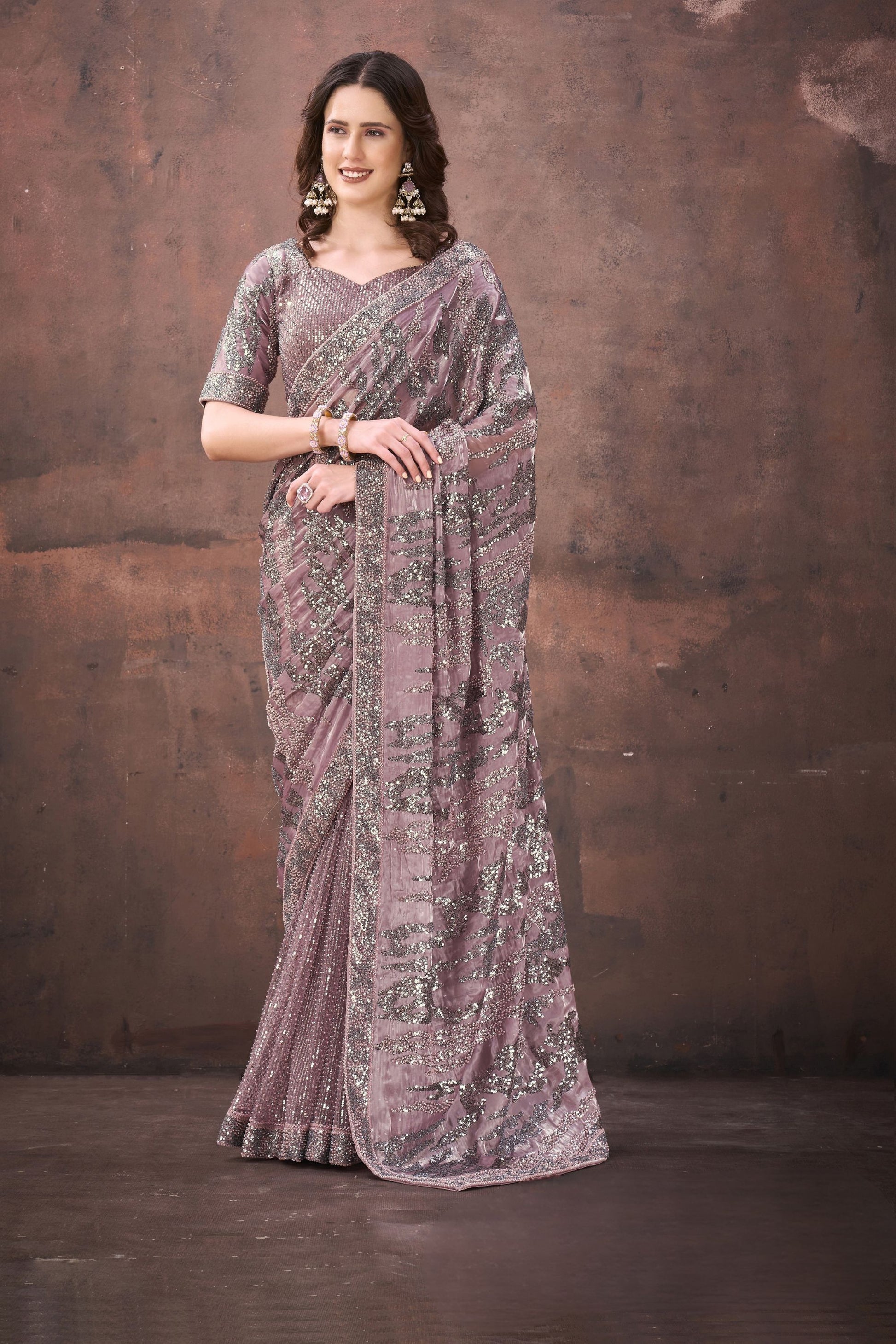 Designer Lavender Jimmy Choo Net Saree Party Wear