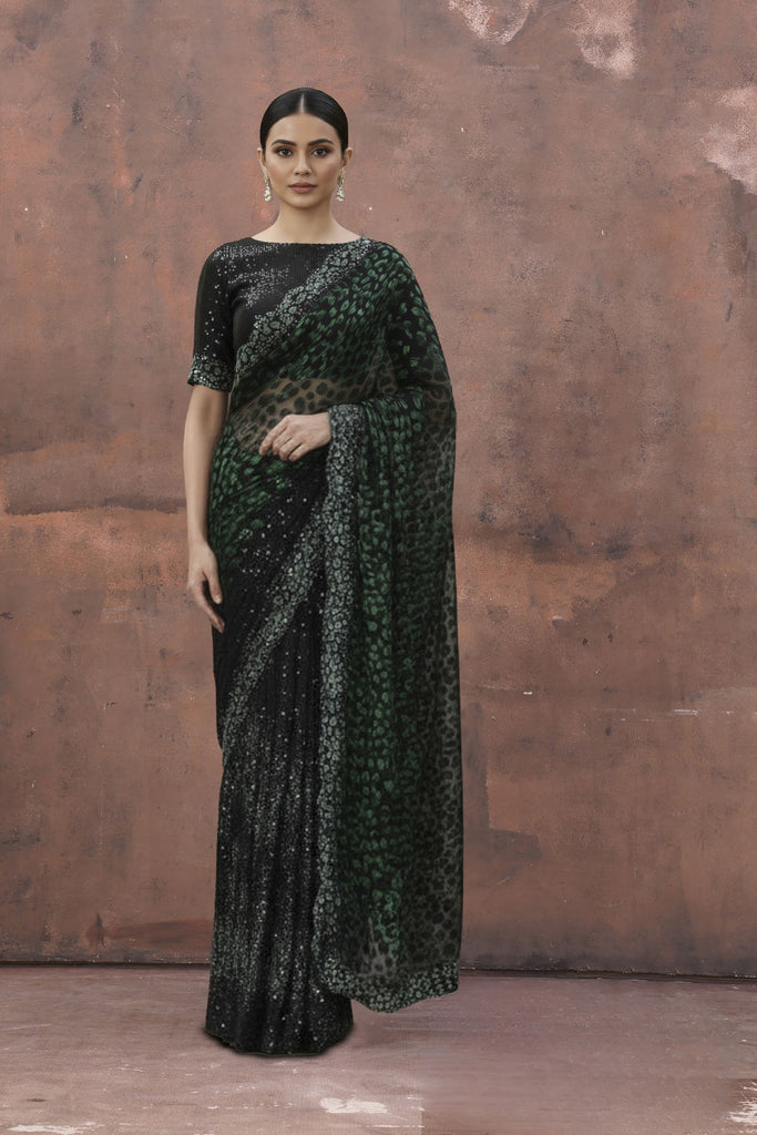 Black And Green Velvet Net Saree with Designer Party Wear