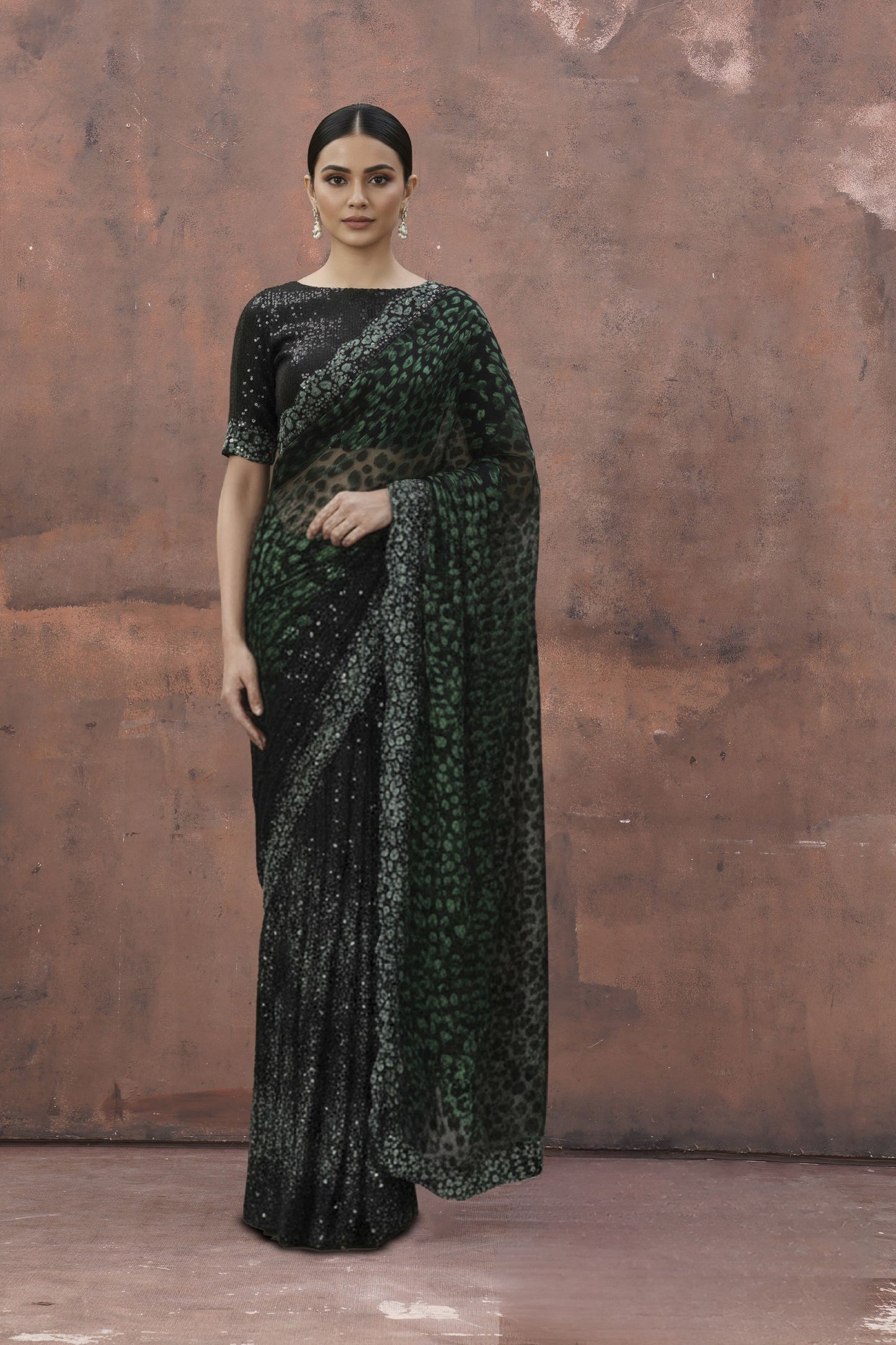 Black And Green Velvet Net Saree with Designer Party Wear