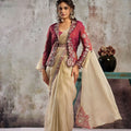 Beige Designer Saree with Maroon Embroidered Jacket Blouse