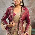 Beige Designer Saree with Maroon Embroidered Jacket Blouse