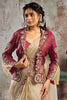 Beige Designer Saree with Maroon Embroidered Jacket Blouse