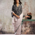 Lavender Saree Heavy Embroidered Navy Blue Blouse Ready To Wear