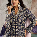 Lavender Saree Heavy Embroidered Navy Blue Blouse Ready To Wear