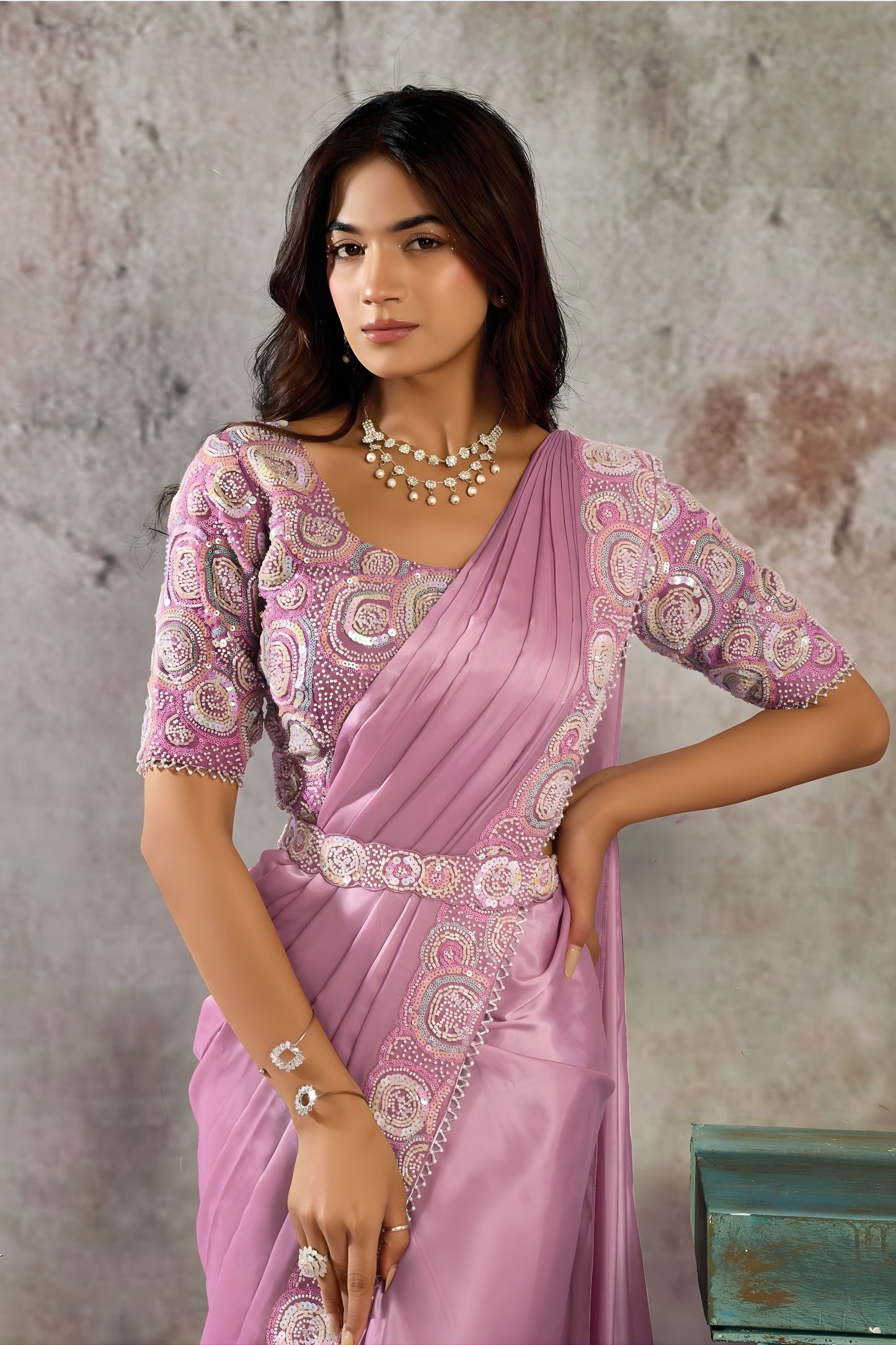 Dusty Pink Designer Saree with Embroidered Blouse Ready To Wear