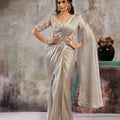 Grey Designer Saree Floral Embroidered Blouse Ready To Wear 