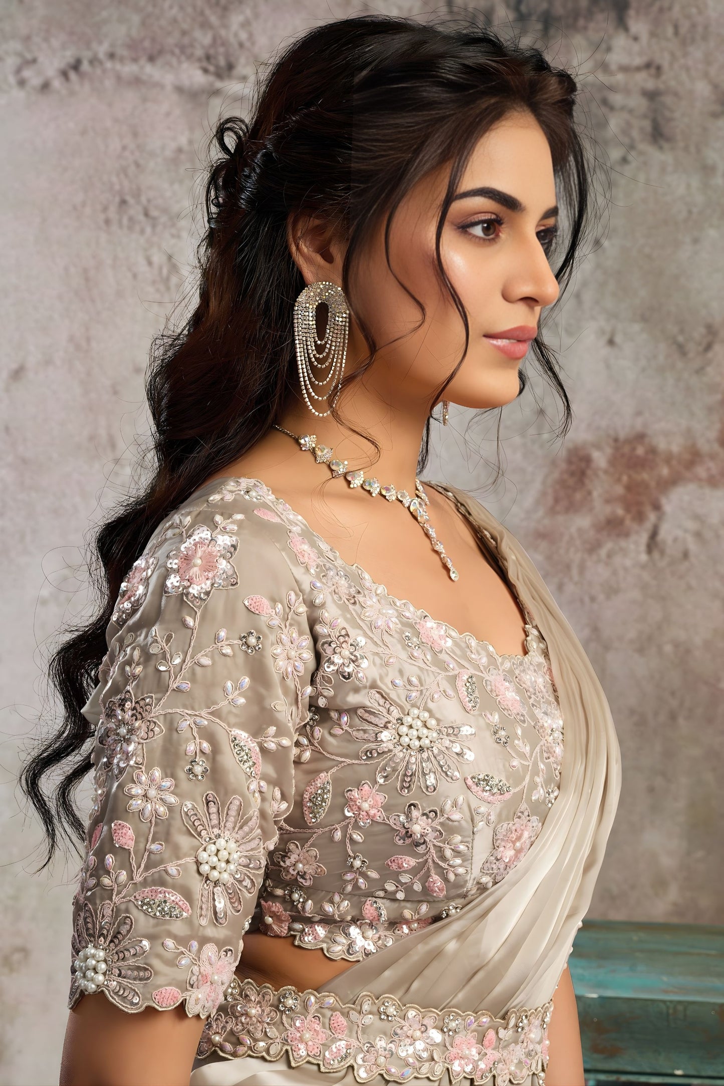 Grey Designer Saree Floral Embroidered Blouse Ready To Wear