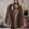 Brown Designer Saree Cape Heavy Embroidered Blouse Ready To Wear 