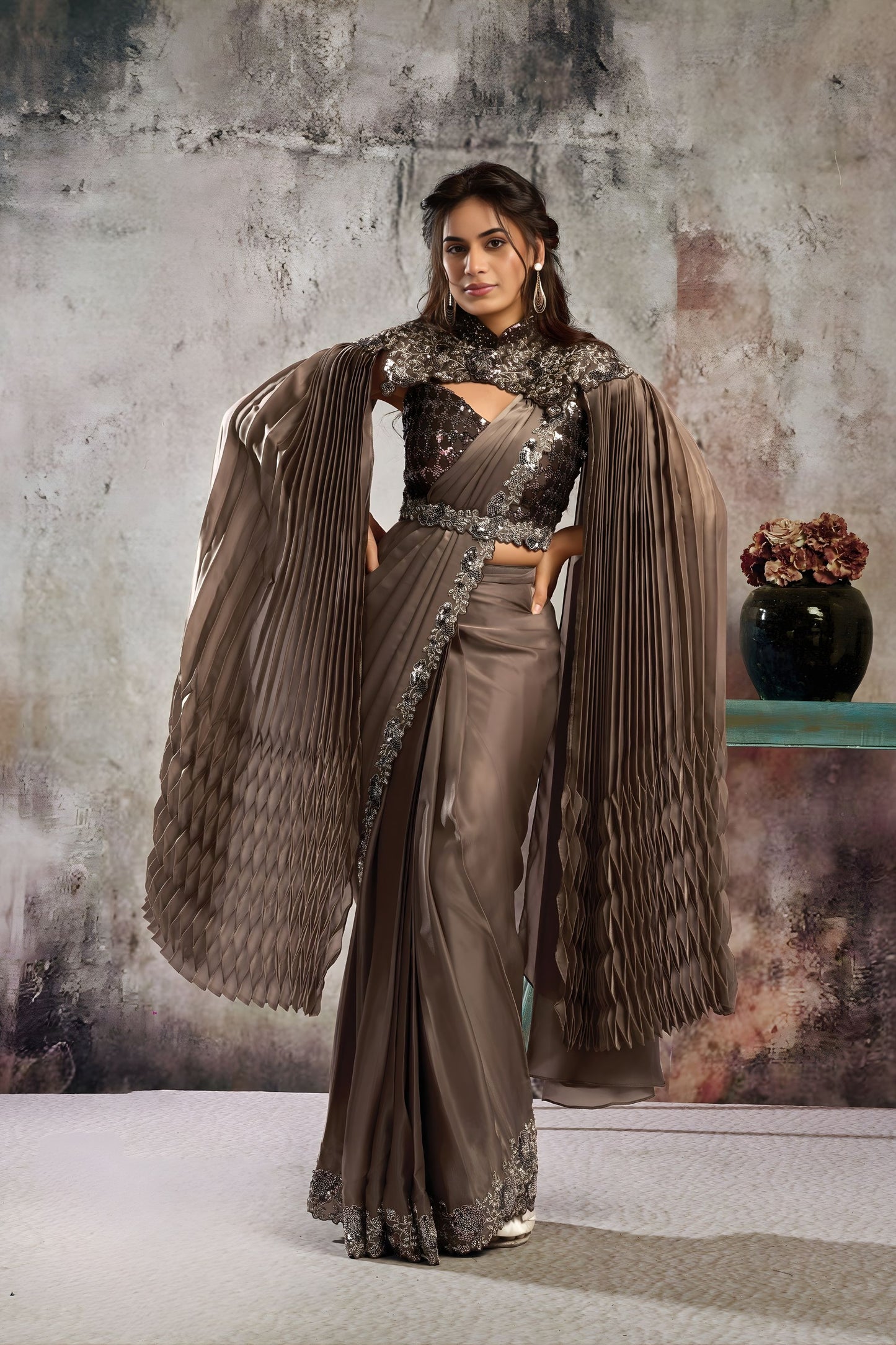 Brown Designer Saree Cape Heavy Embroidered Blouse Ready To Wear 