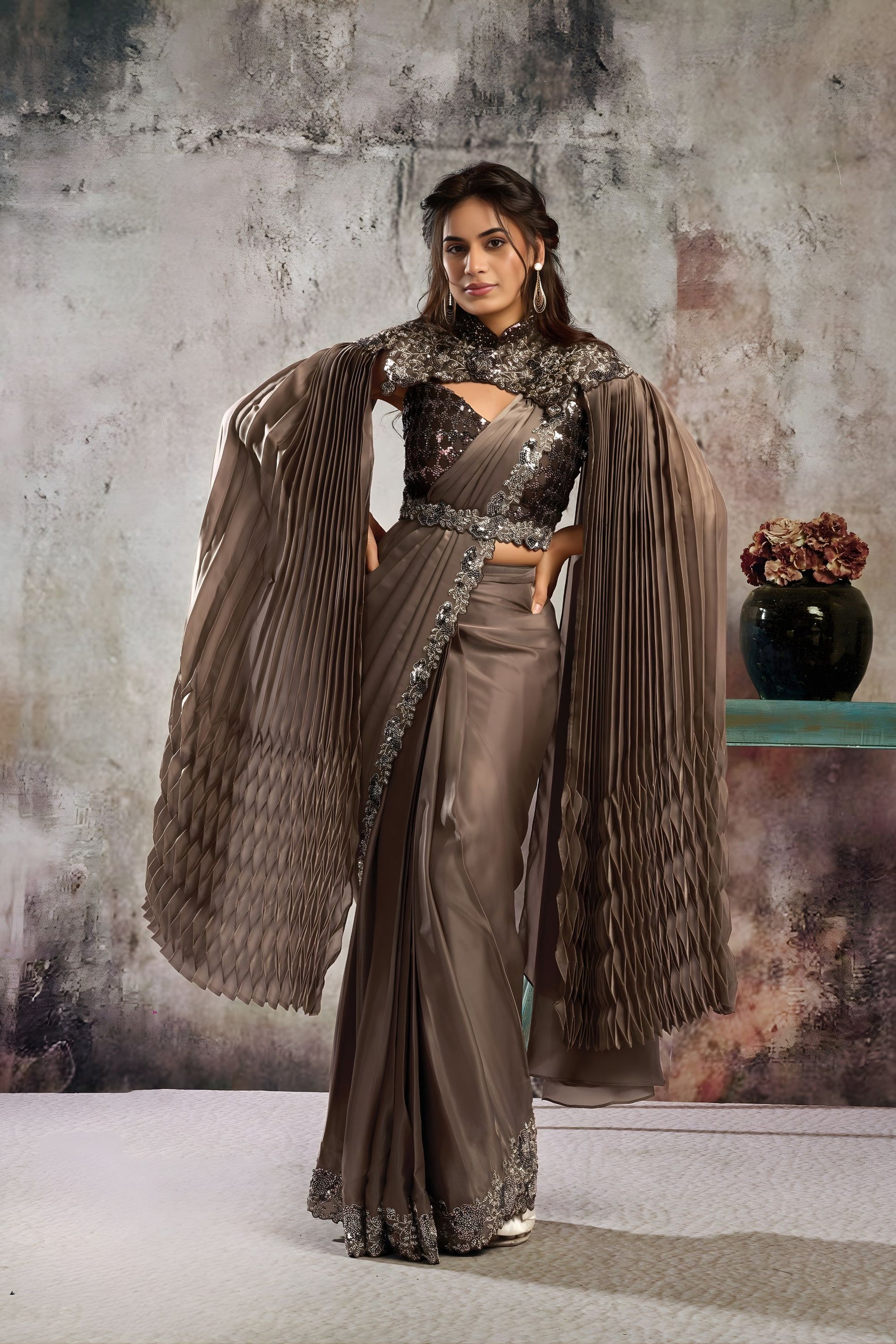 Brown Designer Saree Cape Heavy Embroidered Blouse Ready To Wear 