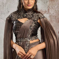 Brown Designer Saree Cape Heavy Embroidered Blouse Ready To Wear