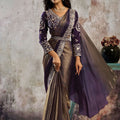  Purple Bronze Designer Saree Heavy Embroidered Blouse Ready To Wear 